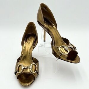 GUCCI WOMEN’S HORSE BIT OPEN TOE GOLD HEEL SZ 5.5 B